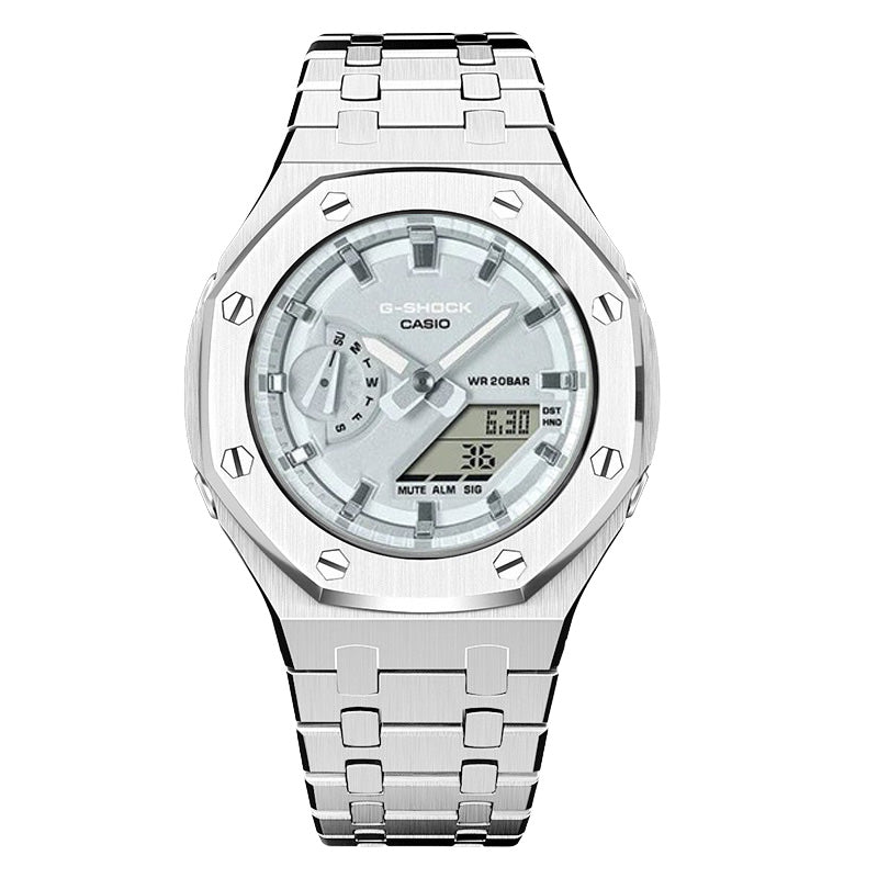 CasiOak GMA-S2100 42mm silver with stainless steel bracelet