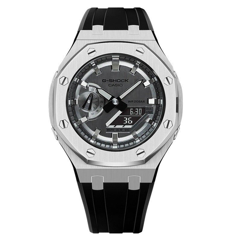 CasiOak GM-2100 45mm silver case with rubber strap
