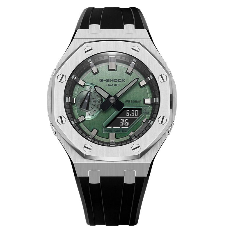 CasiOak GM-2100 45mm silver case with rubber strap